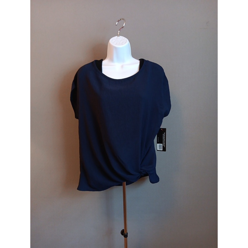GILLI Short Sleeve Blouse Rayon Navy Blue Twist Front ‎ Large
